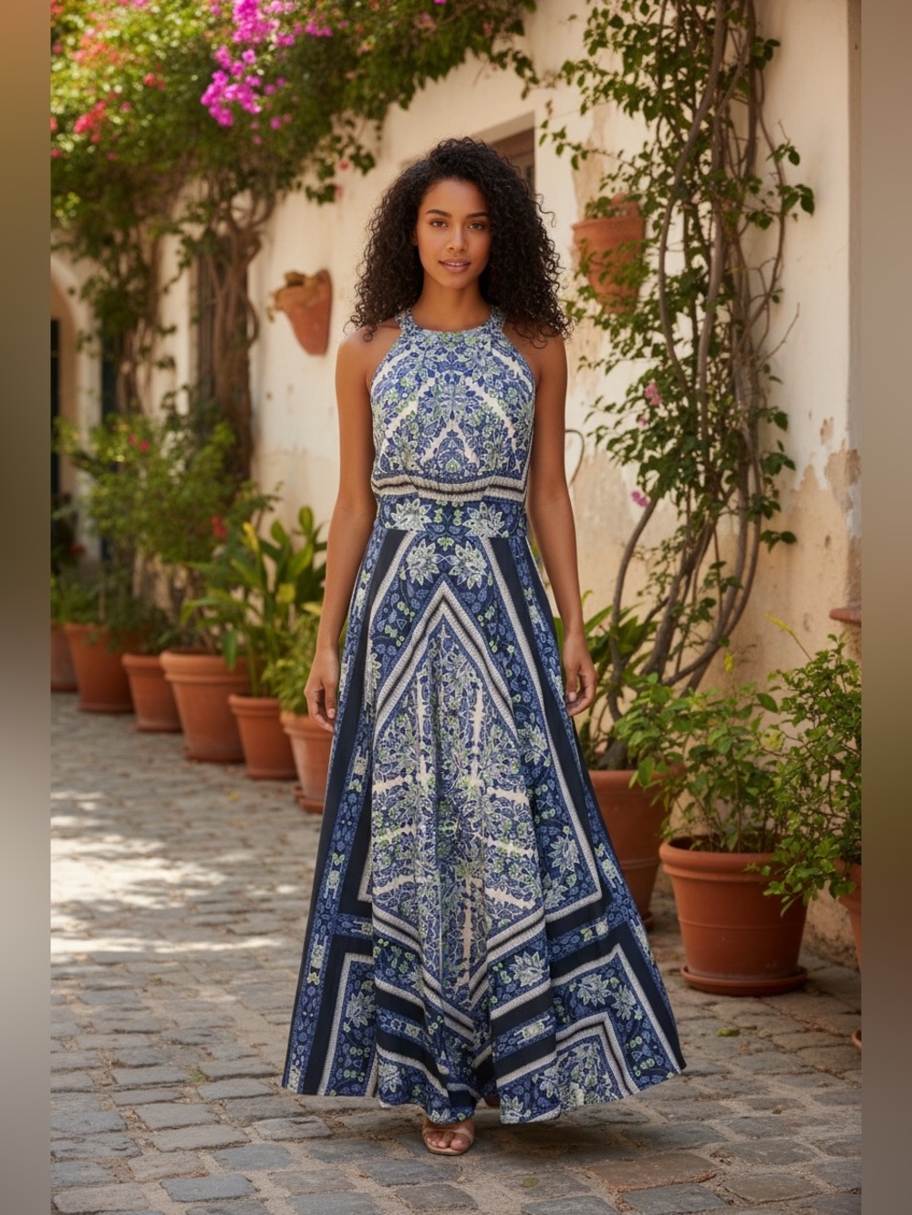 Eliza J Scarf Print Navy and White Floral Halter Maxi Dress - Picture 1 of 10